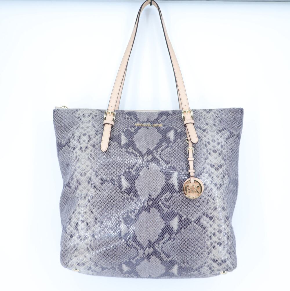 MICHAEL KORS Snakeskin Embossed Leather Tote Bag Gray Beige Zip Top
